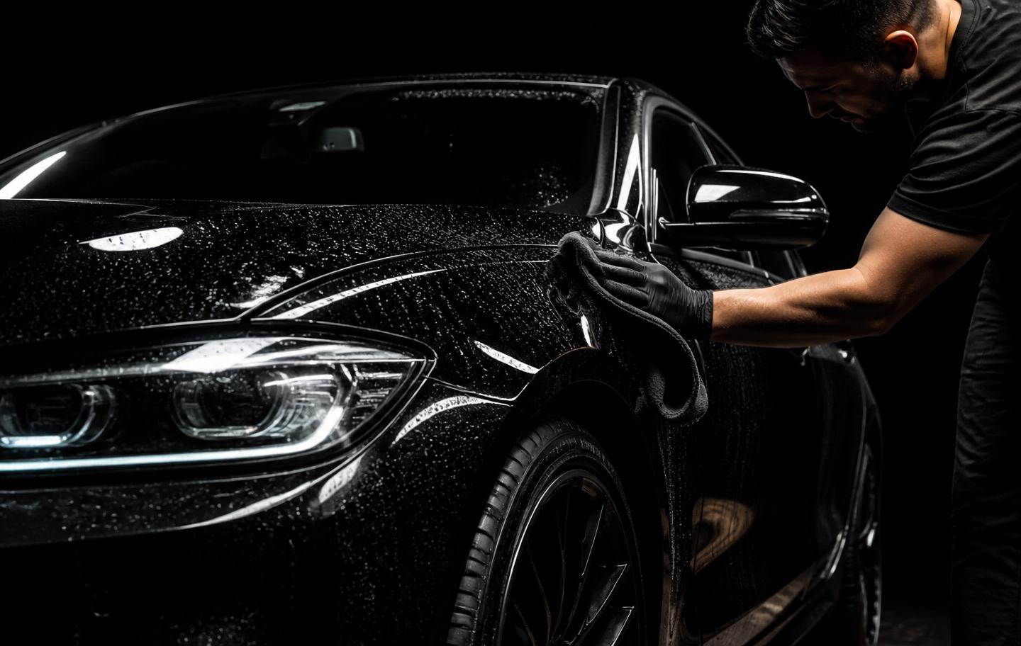 Glossy black car being professionally detailed